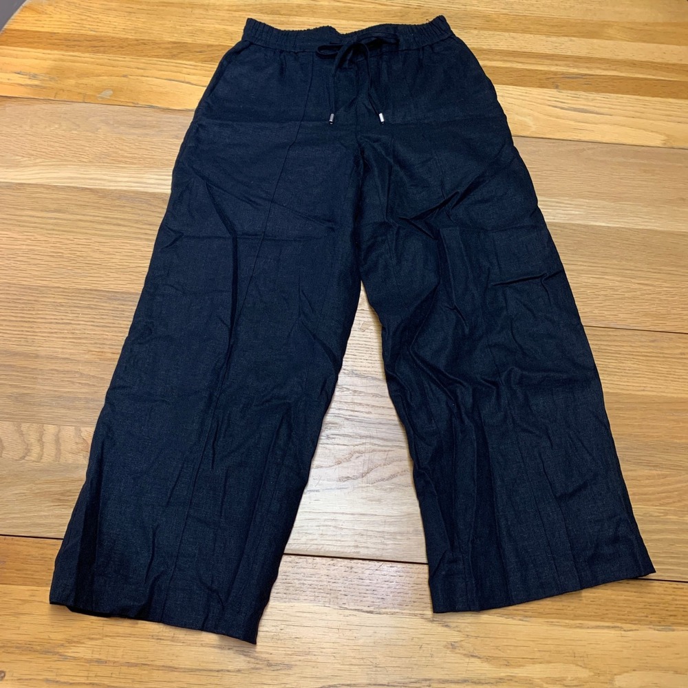 NINE WEST Womens Size XS Crop Pants Black Linen Blend Wide Leg Drawstring‎ Waist